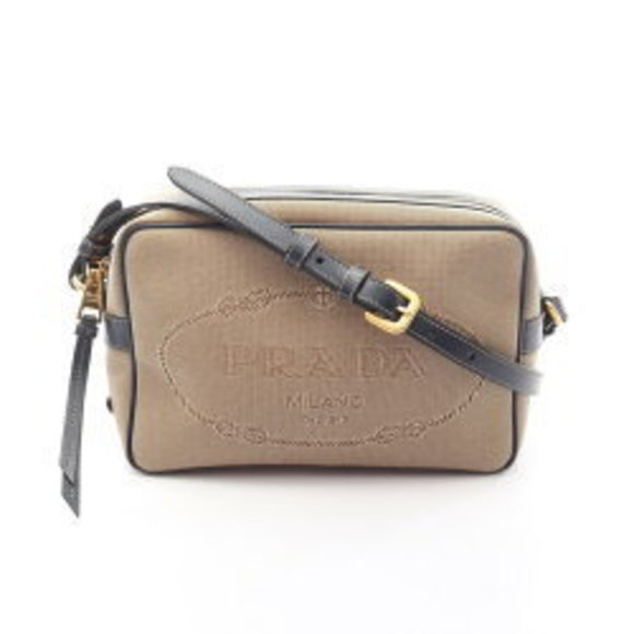 Prada Jacquard Shoulder Bag Leather Beige Navy Blue - Picture 1 of 6